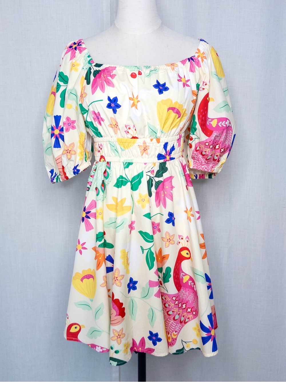 Sincerely Ours Puff Sleeve Resort Mini Dress Tropical Peacock Floral Large